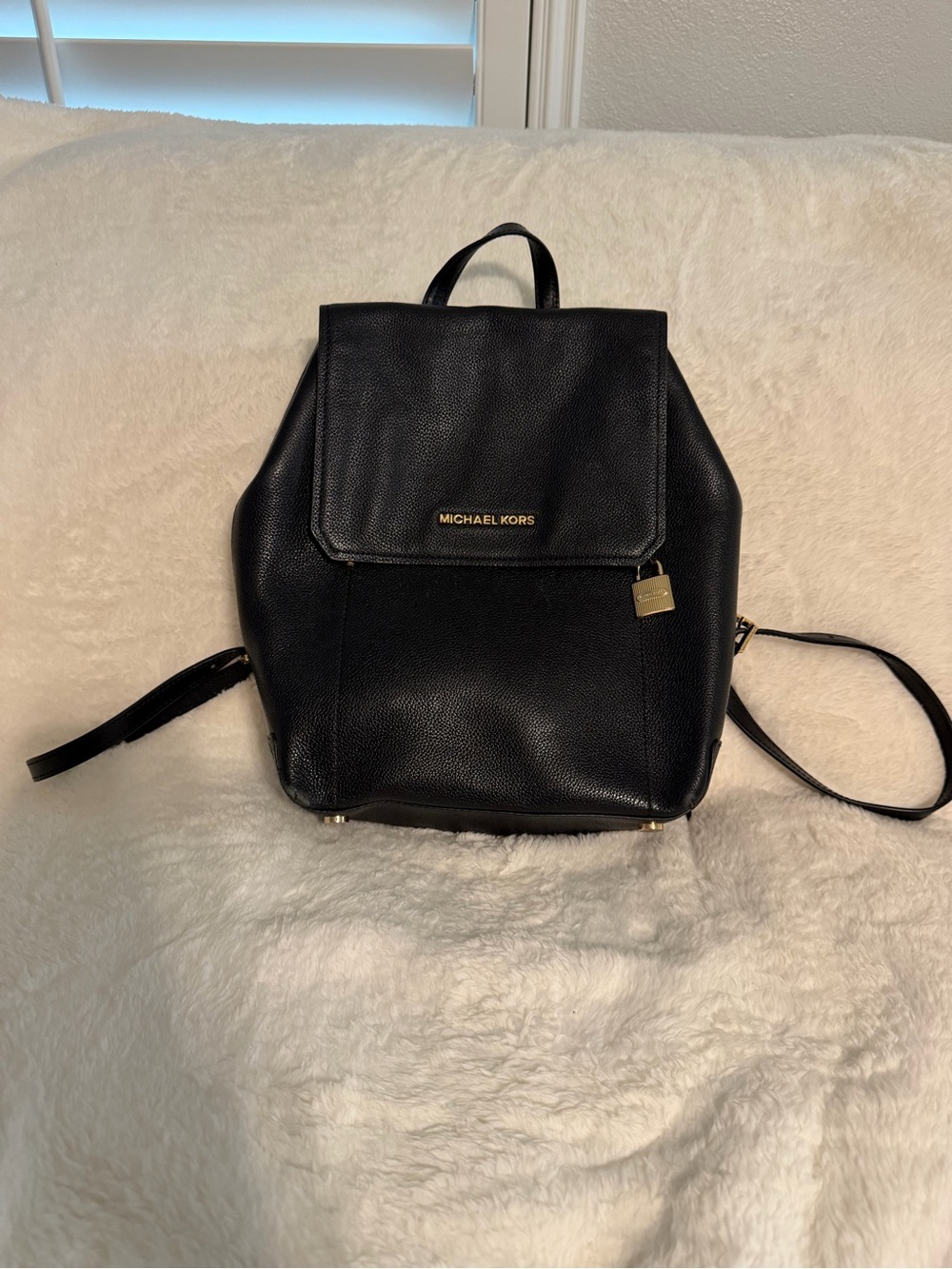 Michael Kors Black Pebbled Leather Backpack with Gold-Tone Logo